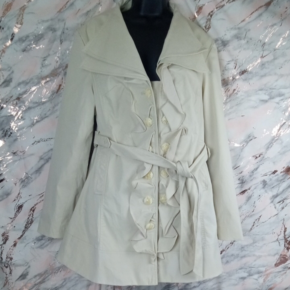 Kenar Jackets & Blazers - 👕 Kenar Cream Ruffle Front Trench Coat with Belt